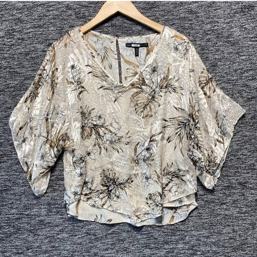 WHBM Burnout Kimono Blouse Women XS Beige Floral Silk Rayon Luxe Whimsigoth Top‎